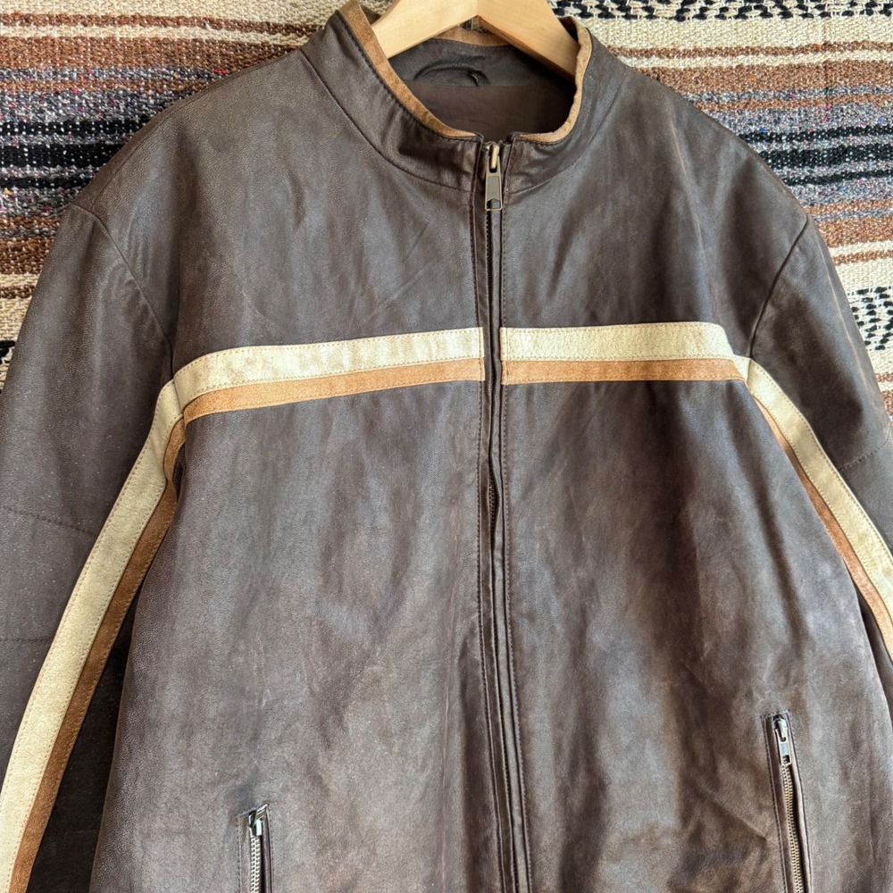 Wilsons Leather Racing Jacket XXL Brown Moto Cafe Racer Striped Leather Jacket